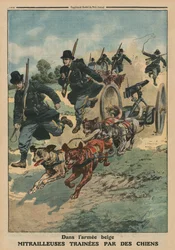 A belga hadseregben kutyák által rángatott gépfegyverek, a „Le Petit Journal” első borítójának illusztrációja, mellékillusztráció, 1913. június 8.